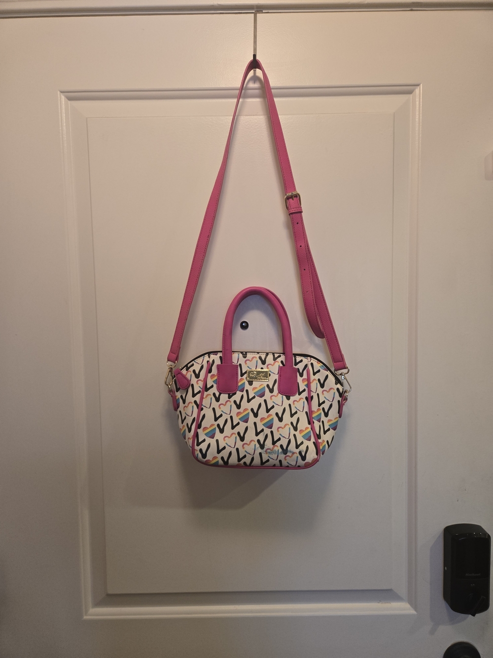 Betsey Johnson White Multicolor Love Dome Crossbody with Pink Trim